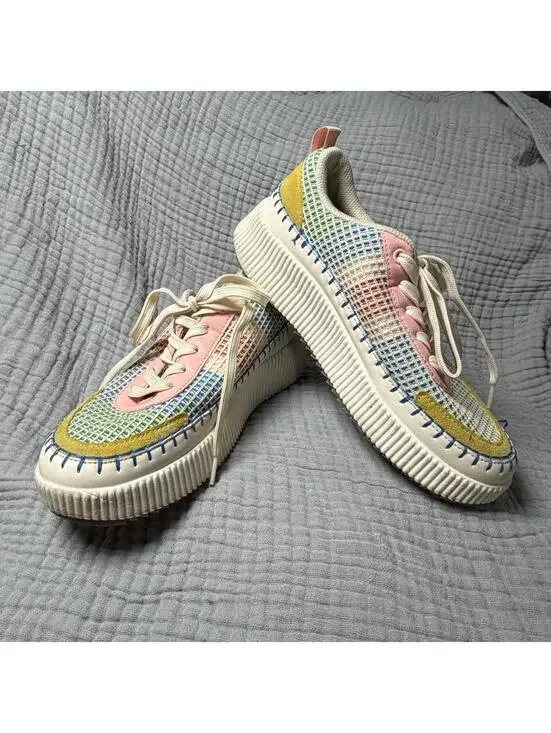 LUCKY STEP Women's Platform Sneakers Pink/Yellow Multi Knit Walking Shoes Sz 9 - Picture 6 of 9